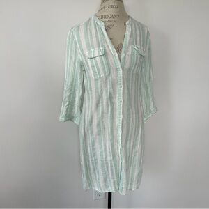 Malvin Linen Green and White Striped Button-Down Shirt Dress